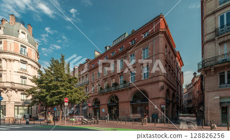 Panorama showing Rue de Metz timelapse in Toulouse, Occitanie, France, with historic facades Panorama showing Rue de Metz timelapse in Toulouse, Occitanie, France, with historic facades 128826256