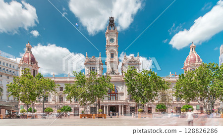Valencia City Hall or Ajuntament de Valencia timelapse hyperlapse in Plaza de Ayuntamiento. Spain Valencia City Hall or Ajuntament de Valencia timelapse hyperlapse in Plaza de Ayuntamiento. Spain 128826286
