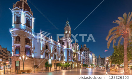 Valencia City Hall or Ajuntament de Valencia day to night timelapse hyperlapse in Plaza de Ayuntamiento. Spain Valencia City Hall or Ajuntament de Valencia day to night timelapse hyperlapse in Plaza de Ayuntamiento. Spain 128826303