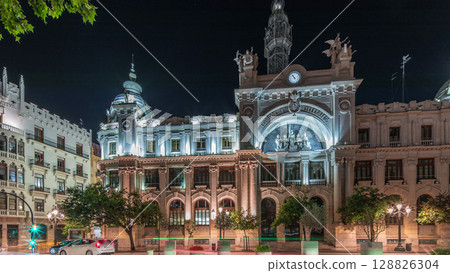 Historic Post Office in Valencia night timelapse hyperlapse at City Hall Square. Spain 128826304