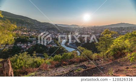 Sunset view of Sarajevo from most popular panoramic spot in Sarajevo timelapse. 128826316