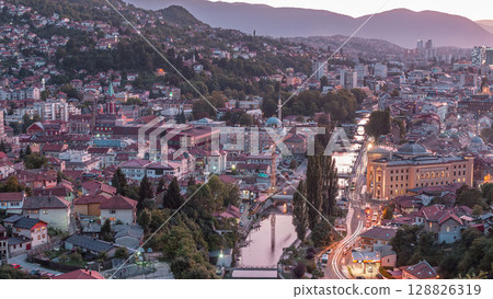 City view of Sarajevo from most popular panoramic spot in Sarajevo day to night timelapse. 128826319