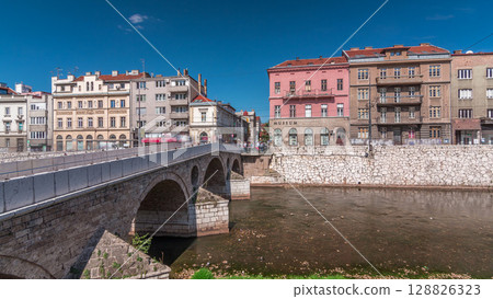 View of the Latin bridge timelapse hyperlapse, one of the oldest bridges of Bosnia and Herzegovina 128826323