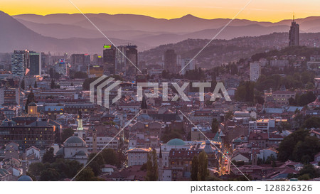 City view of Sarajevo from most popular panoramic spot in Sarajevo day to night timelapse. City view of Sarajevo from most popular panoramic spot in Sarajevo day to night timelapse. 128826326
