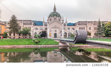 Academy of Fine Arts and Festina Lente bridge in Sarajevo timelapse hyperlapse, Bosnia and Herzegovina 128826336
