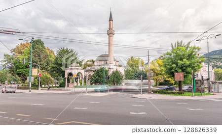 Ali Pasha Mosque timelapse hyperlapse with traffic on intersection in Sarajevo 128826339