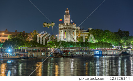 Torre del Oro Watchtower and Guadalquivir River Timelapse, Seville, Spain Torre del Oro Watchtower and Guadalquivir River Timelapse, Seville, Spain 128826344