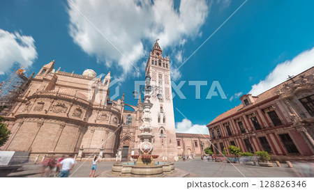 Seville Cathedral and Giralda Tower timelapse hyperlapse, Spain 128826346