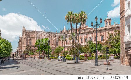 General Archive of the Indies timelapse with tram passing, Seville, Spain General Archive of the Indies timelapse with tram passing, Seville, Spain 128826349