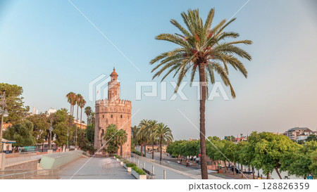 Torre del Oro Watchtower and Waterfront Timelapse hyperlapse, Seville, Spain Torre del Oro Watchtower and Waterfront Timelapse hyperlapse, Seville, Spain 128826359