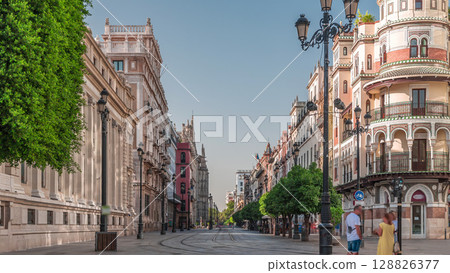 Street view of Constitucion avenue with historical buildings and trams timelapse Street view of Constitucion avenue with historical buildings and trams timelapse 128826377
