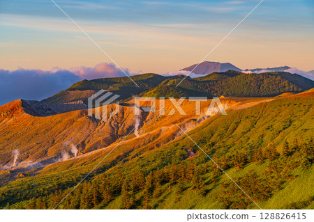 (Gunma Prefecture) View from Shibu Pass (the highest point on the national highway in Japan), with the crater of Mt. Shirane and Mt. Asama in the background (Gunma Prefecture) View from Shibu Pass (the highest point on the national highway in Japan), with the crater of Mt. Shirane and Mt. Asama in the background 128826415
