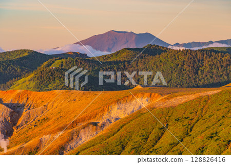 (Gunma Prefecture) View from Shibu Pass (the highest point on the national highway in Japan), with the crater of Mt. Shirane and Mt. Asama in the background 128826416