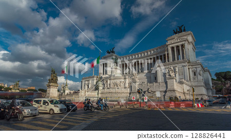 Rome, Italy. Famous Vittoriano with gigantic equestrian statue of King Vittorio Emanuele II timelapse hyperlapse. 128826441