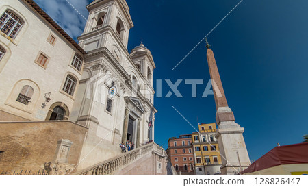 Church of Trinita dei Monti and Egyptian obelisk timelapse hyperlapse in Rome in Italy. Church of Trinita dei Monti and Egyptian obelisk timelapse hyperlapse in Rome in Italy. 128826447