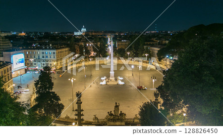Aerial view of the large urban square, the Piazza del Popolo night timelapse, Rome Aerial view of the large urban square, the Piazza del Popolo night timelapse, Rome 128826450