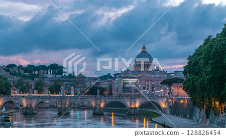 St. Peter's Basilica, Saint Angelo Bridge and Tiber River after the sunset day to night timelapse 128826454