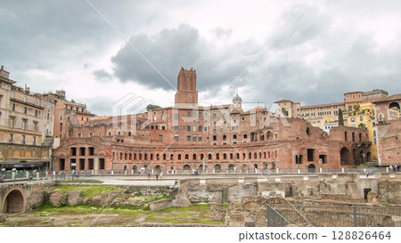 A panoramic view on Trajan's Market timelapse hyperlapse on the Via dei Fori Imperiali, in Rome, Italy 128826464