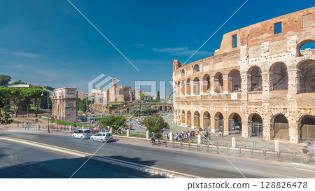 The Colosseum or Coliseum timelapse hyperlapse, also known as the Flavian Amphitheatre in Rome, Italy 128826478