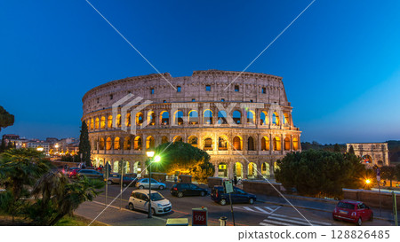 Colosseum day to night timelapse after sunset, Rome. 128826485