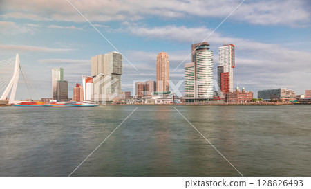 Panorama showing Rotterdam skyline timelapse from Nieuwe Maas River. Netherlands 128826493