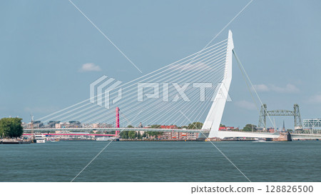 Timelapse of Erasmus Bridge, called The Swan, spanning the Maas River in Rotterdam, Netherlands. 128826500