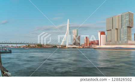 Timelapse of Erasmus Bridge, called The Swan, spanning the Maas River in Rotterdam, Netherlands. 128826502