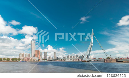 Erasmus Bridge timelapse hyperlapse, spanning the Maas River in Rotterdam, Netherlands 128826523