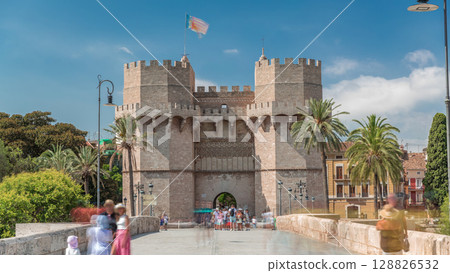 Serrans Towers or Torres de Serranos timelapse hyperlapse in Valencia, Spain. Serrans Towers or Torres de Serranos timelapse hyperlapse in Valencia, Spain. 128826532