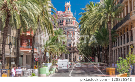 Timelapse of Banco de Valencia headquarters, historic landmark in Valencia, Spain. 128826548