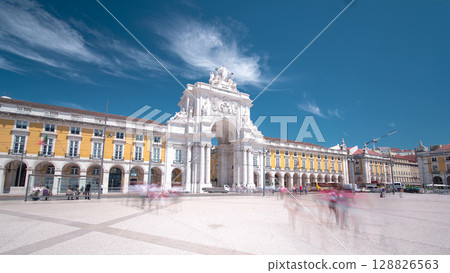 Commerce Square in downtown Lisbon, one of the largest squares in Europe timelapse hyperlapse 128826563