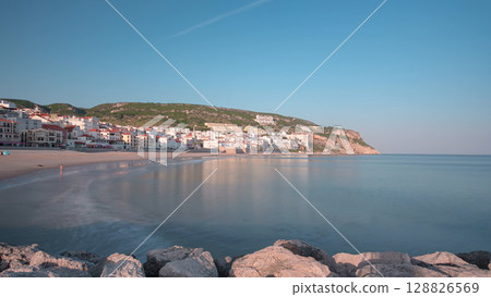 Beach at Small town of Sesimbra, Portugal, panorama timelapse hyperlapse 128826569