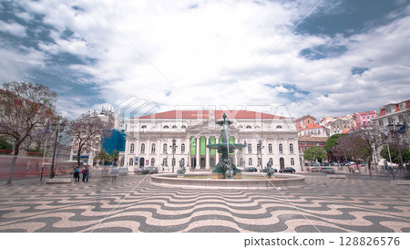 The National Theatre D. Maria. Rossio Square with fountain, Lisbon, Portugal timelapse hyperlapse 128826576