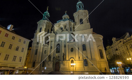 The Church of St. Nicholas night timelapse hyperlapse in Prague, Czech Republic 128826593