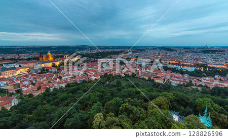 Wonderful day to night timelapse View To The City Of Prague From Petrin Observation Tower In Czech Republic 128826596