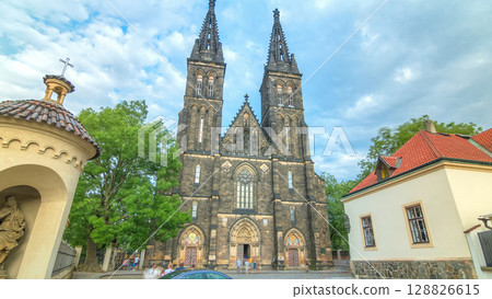 Neo-Gothic Saint Peter and Paul Cathedral timelapse hyperlapse in Vysehrad fortress, Prague. 128826615