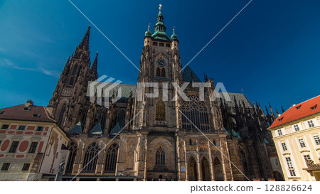 St. Vitus Cathedral timelapse hyperlapse in Prague surrounded by tourists. St. Vitus Cathedral timelapse hyperlapse in Prague surrounded by tourists. 128826624