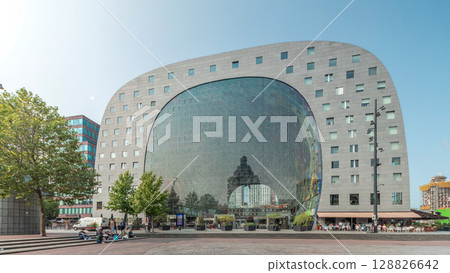 Hyperlapse of the Rotterdamse Markthal's exterior with shops and restaurants. Netherlands 128826642