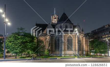 Hyperlapse of Laurenskerk on Grotekerkplein at night in Rotterdam. Netherlands 128826651