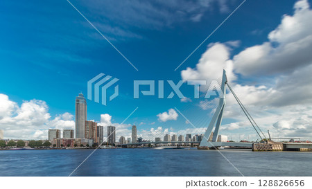 Erasmus Bridge timelapse hyperlapse, spanning the Maas River in Rotterdam, Netherlands 128826656