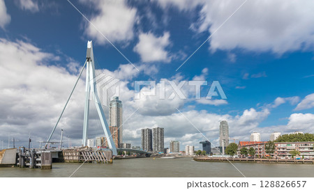 Erasmus Bridge timelapse hyperlapse, spanning the Maas River in Rotterdam, Netherlands 128826657