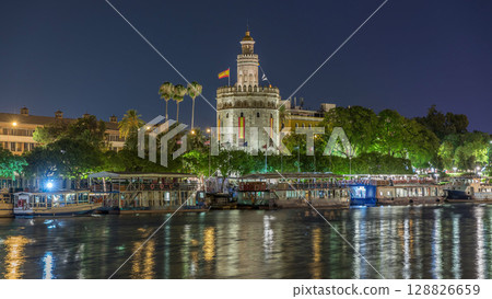 Torre del Oro Watchtower and Guadalquivir River Timelapse, Seville, Spain Torre del Oro Watchtower and Guadalquivir River Timelapse, Seville, Spain 128826659