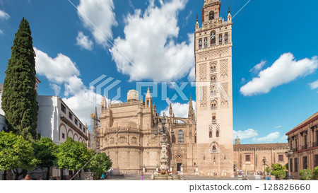 Seville Cathedral and Giralda Tower timelapse hyperlapse, Spain 128826660