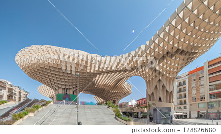 Metropol Parasol in Encarnacion Square timelapse hyperlapse, modern wooden structure, Seville 128826680
