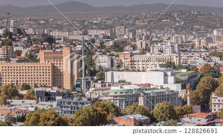 Aerial view of column of freedom in the center of the city timelapse in Tbilisi. Georgia 128826691