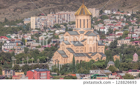 Tsminda Sameba Cathedral or Holy Trinity Cathedral of Tbilisi aerial timelapse. Georgia 128826693