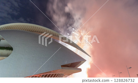 Aerial timelapse of the Palau de les Arts Reina Sofia in Valencia during a fireworks show. Spain Aerial timelapse of the Palau de les Arts Reina Sofia in Valencia during a fireworks show. Spain 128826732