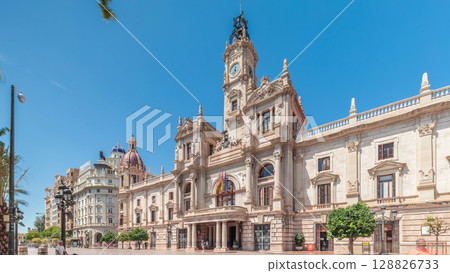 Valencia City Hall or Ajuntament de Valencia timelapse hyperlapse in Plaza de Ayuntamiento. Spain 128826733