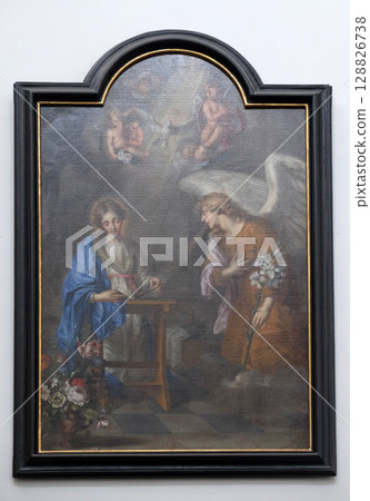 The painting is of the Annunciation by Oswald Onghers in Wurzburg Cathedral dedicated to Saint Kilian, Bavaria, Germany 128826738
