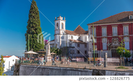 Sculpture of Sao Vicente timelapse hyperlapse, Lisbon's Patron Saint at Largo De Santa Luzia with church. Lisbon, Portugal 128826775